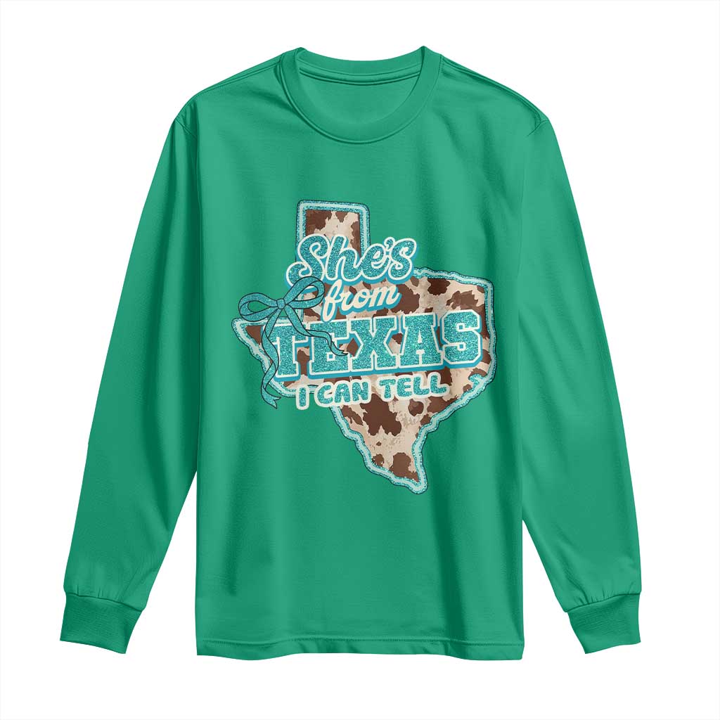 Retro Western She is From Texas I Can Tell Long Sleeve Shirt Trendy Turquoise Glitter Coquette and Cow Print Effect Graphic