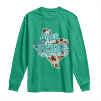 Retro Western She is From Texas I Can Tell Long Sleeve Shirt Trendy Turquoise Glitter Coquette and Cow Print Effect Graphic