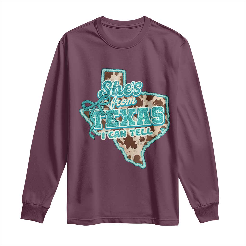Retro Western She is From Texas I Can Tell Long Sleeve Shirt Trendy Turquoise Glitter Coquette and Cow Print Effect Graphic