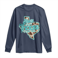 Retro Western She is From Texas I Can Tell Long Sleeve Shirt Trendy Turquoise Glitter Coquette and Cow Print Effect Graphic