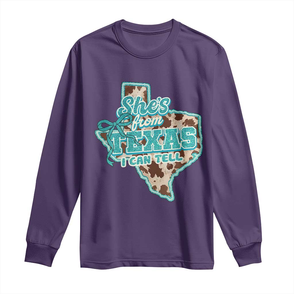 Retro Western She is From Texas I Can Tell Long Sleeve Shirt Trendy Turquoise Glitter Coquette and Cow Print Effect Graphic