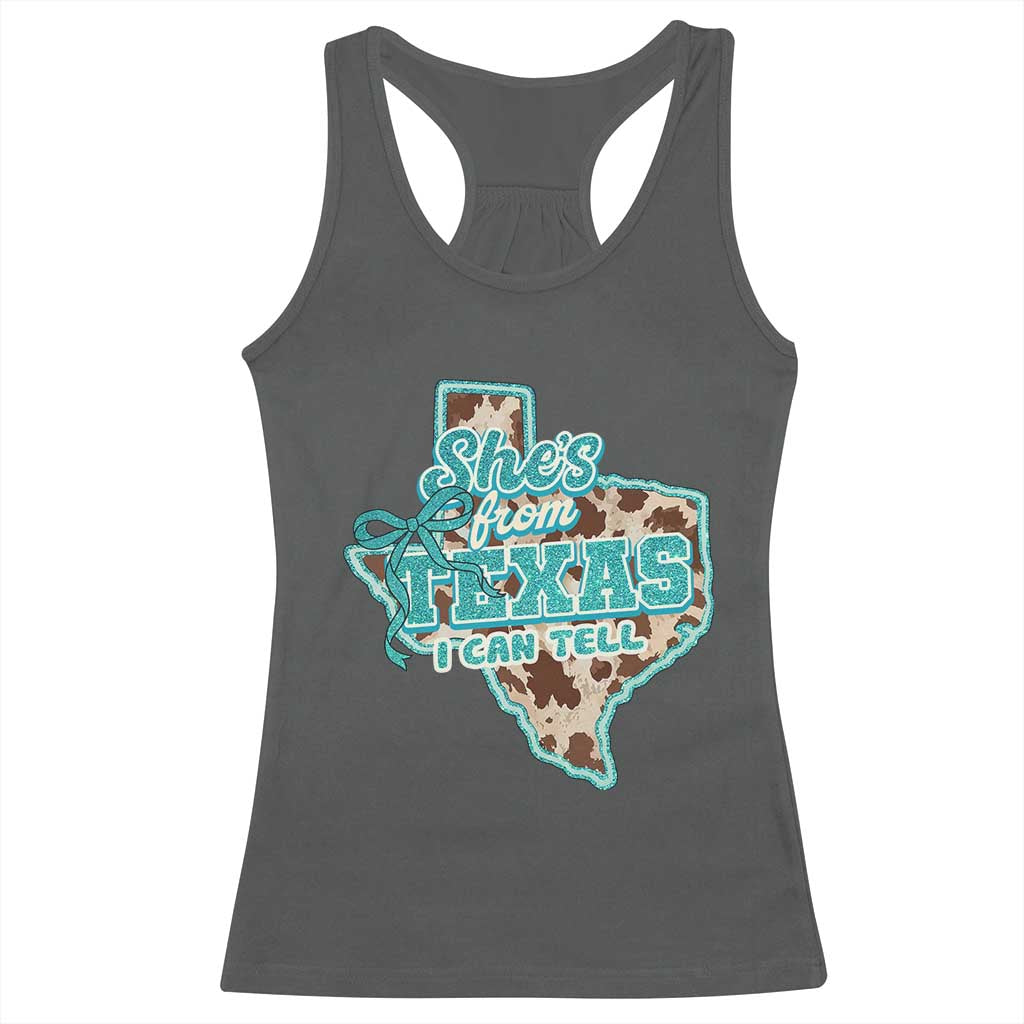Retro Western She is From Texas I Can Tell Racerback Tank Top Trendy Turquoise Glitter Coquette and Cow Print Effect Graphic