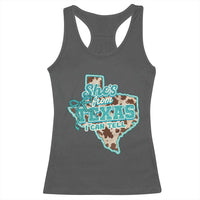 Retro Western She is From Texas I Can Tell Racerback Tank Top Trendy Turquoise Glitter Coquette and Cow Print Effect Graphic