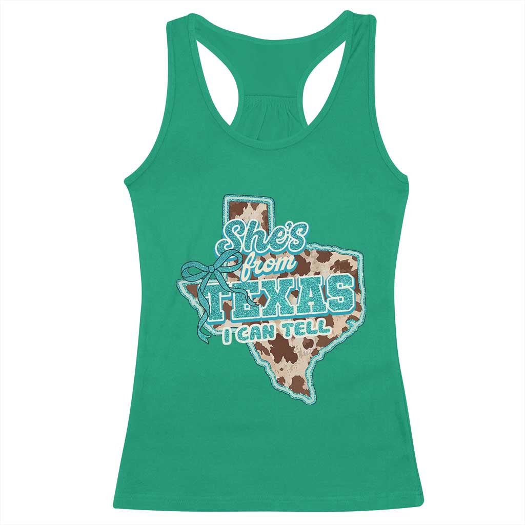 Retro Western She is From Texas I Can Tell Racerback Tank Top Trendy Turquoise Glitter Coquette and Cow Print Effect Graphic