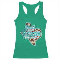 Retro Western She is From Texas I Can Tell Racerback Tank Top Trendy Turquoise Glitter Coquette and Cow Print Effect Graphic