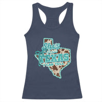 Retro Western She is From Texas I Can Tell Racerback Tank Top Trendy Turquoise Glitter Coquette and Cow Print Effect Graphic