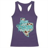 Retro Western She is From Texas I Can Tell Racerback Tank Top Trendy Turquoise Glitter Coquette and Cow Print Effect Graphic
