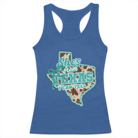 Retro Western She is From Texas I Can Tell Racerback Tank Top Trendy Turquoise Glitter Coquette and Cow Print Effect Graphic