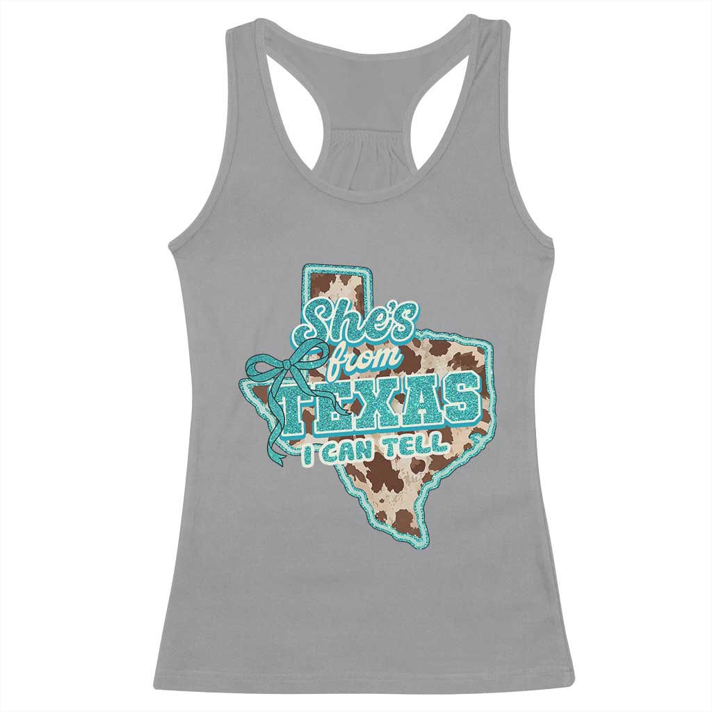 Retro Western She is From Texas I Can Tell Racerback Tank Top Trendy Turquoise Glitter Coquette and Cow Print Effect Graphic