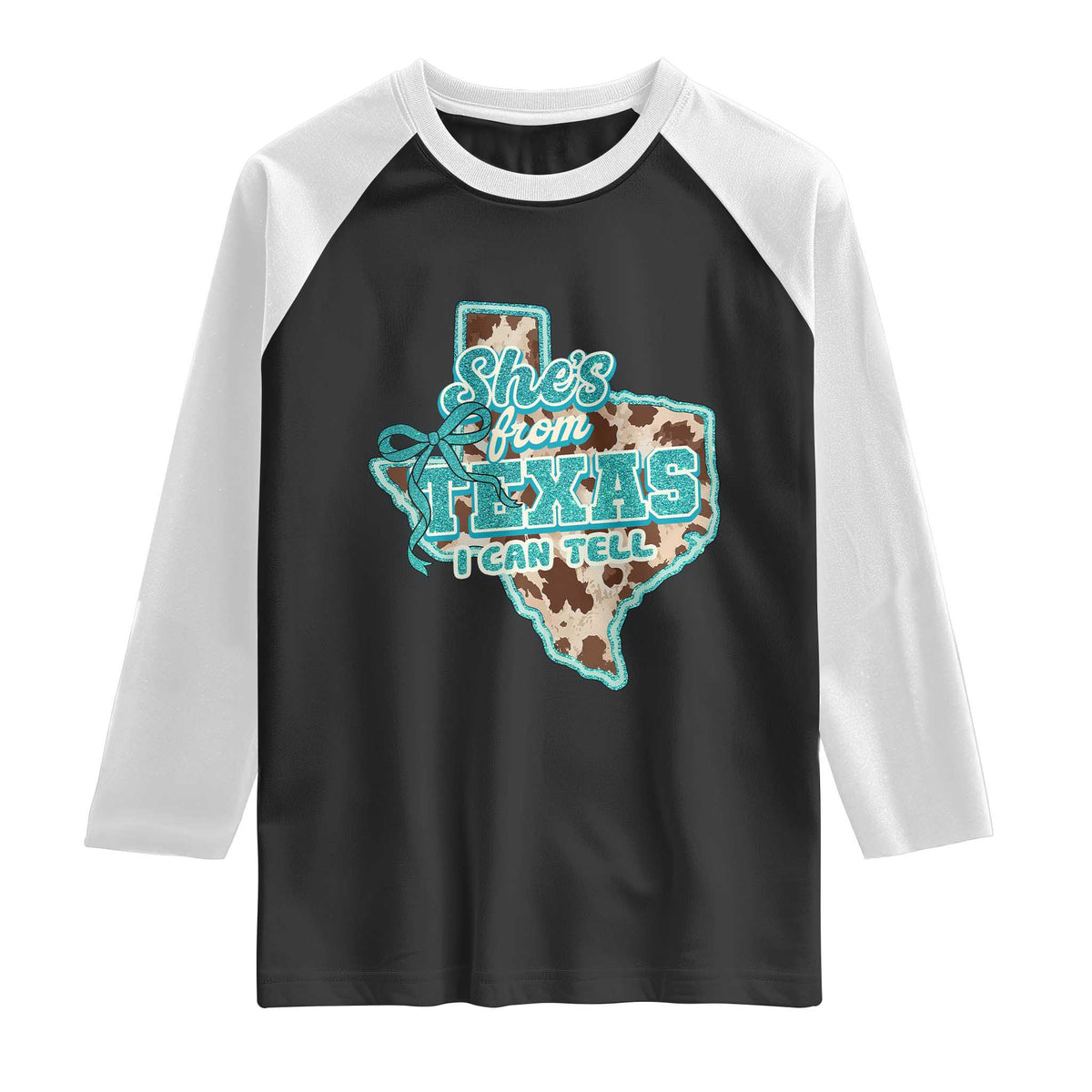 Retro Western She is From Texas I Can Tell Raglan Shirt Trendy Turquoise Glitter Coquette and Cow Print Effect Graphic