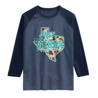 Retro Western She is From Texas I Can Tell Raglan Shirt Trendy Turquoise Glitter Coquette and Cow Print Effect Graphic