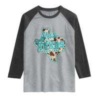 Retro Western She is From Texas I Can Tell Raglan Shirt Trendy Turquoise Glitter Coquette and Cow Print Effect Graphic