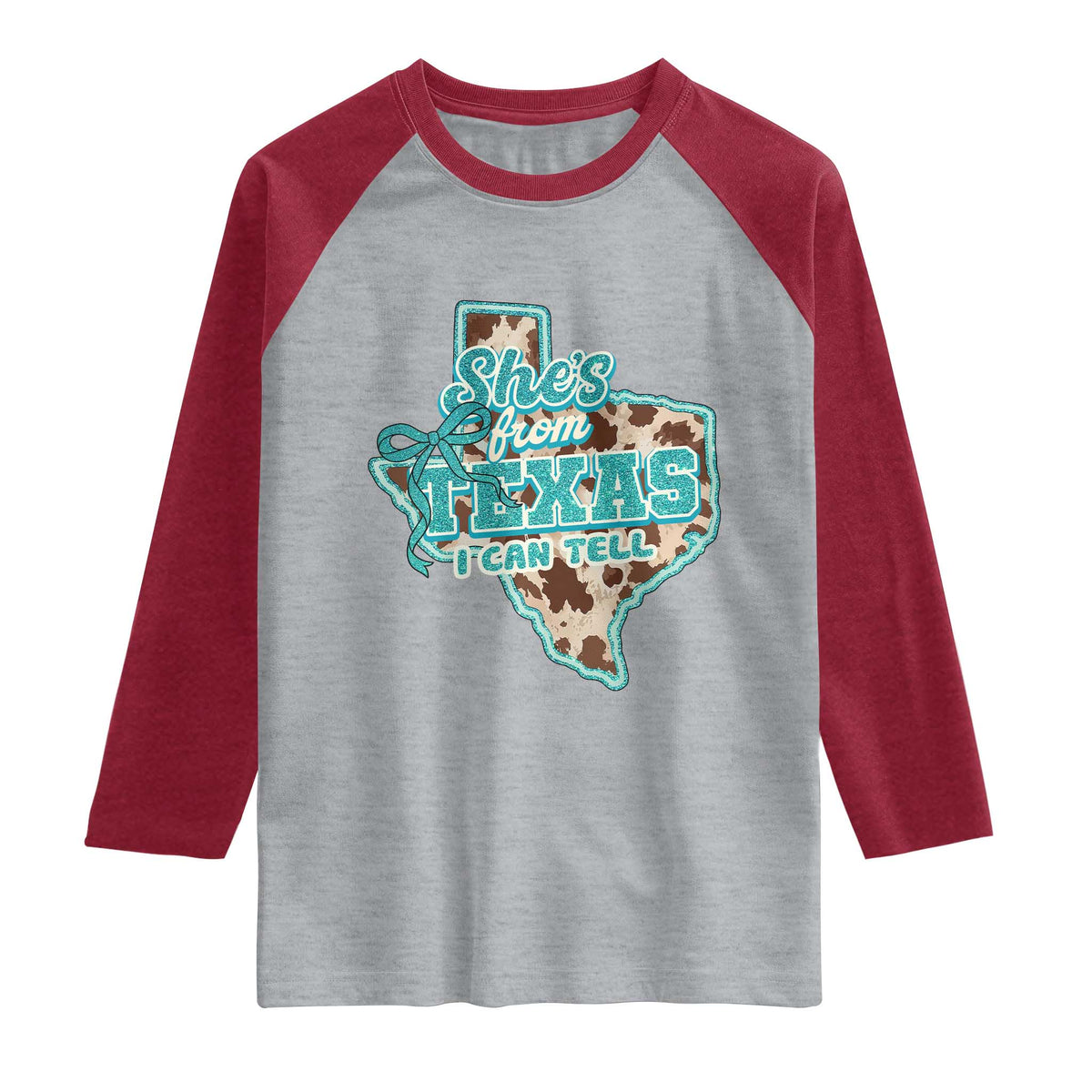 Retro Western She is From Texas I Can Tell Raglan Shirt Trendy Turquoise Glitter Coquette and Cow Print Effect Graphic