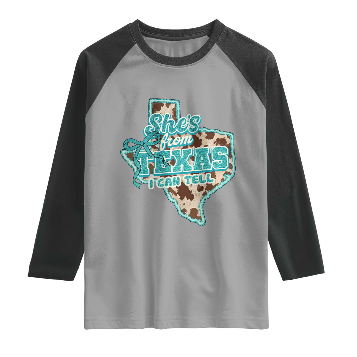 Retro Western She is From Texas I Can Tell Raglan Shirt Trendy Turquoise Glitter Coquette and Cow Print Effect Graphic