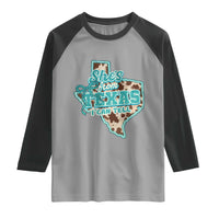 Retro Western She is From Texas I Can Tell Raglan Shirt Trendy Turquoise Glitter Coquette and Cow Print Effect Graphic
