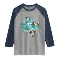 Retro Western She is From Texas I Can Tell Raglan Shirt Trendy Turquoise Glitter Coquette and Cow Print Effect Graphic