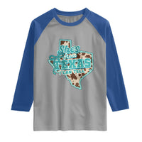 Retro Western She is From Texas I Can Tell Raglan Shirt Trendy Turquoise Glitter Coquette and Cow Print Effect Graphic