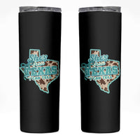 Retro Western She is From Texas I Can Tell Skinny Tumbler Trendy Turquoise Glitter Coquette and Cow Print Effect Graphic