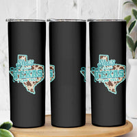 Retro Western She is From Texas I Can Tell Skinny Tumbler Trendy Turquoise Glitter Coquette and Cow Print Effect Graphic
