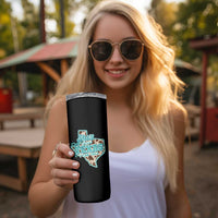 Retro Western She is From Texas I Can Tell Skinny Tumbler Trendy Turquoise Glitter Coquette and Cow Print Effect Graphic