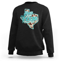 Retro Western She is From Texas I Can Tell Sweatshirt Trendy Turquoise Glitter Coquette and Cow Print Effect Graphic