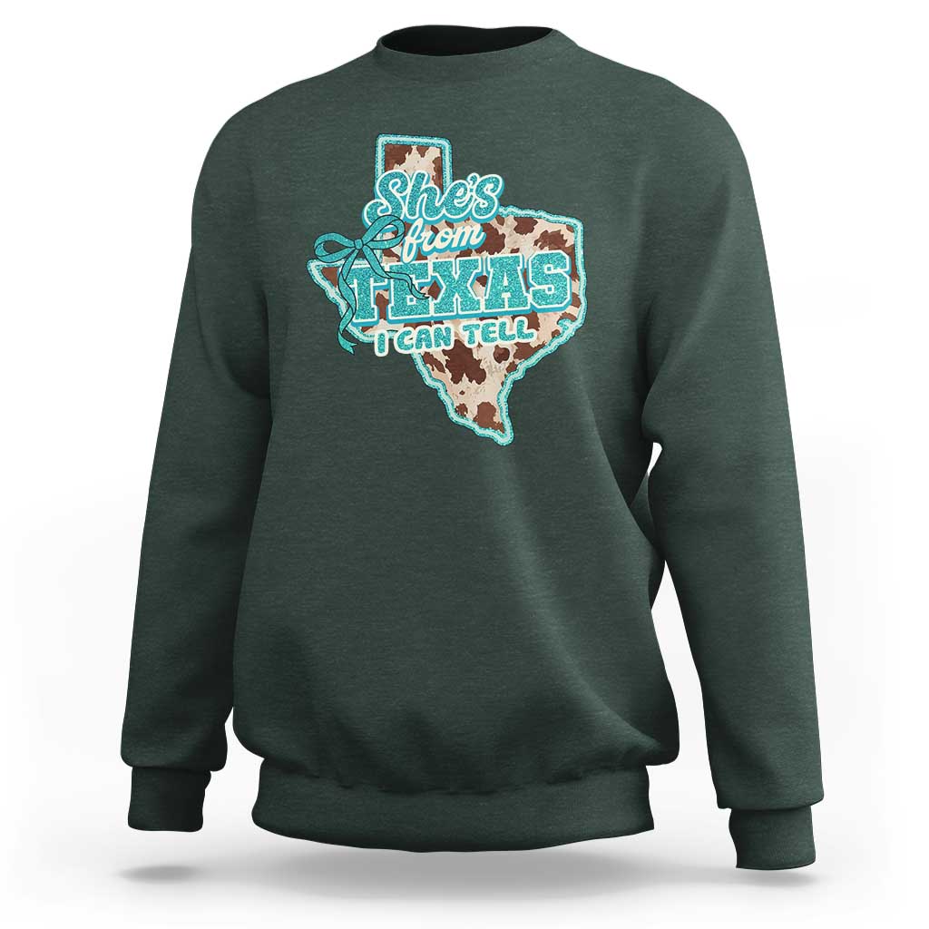 Retro Western She is From Texas I Can Tell Sweatshirt Trendy Turquoise Glitter Coquette and Cow Print Effect Graphic