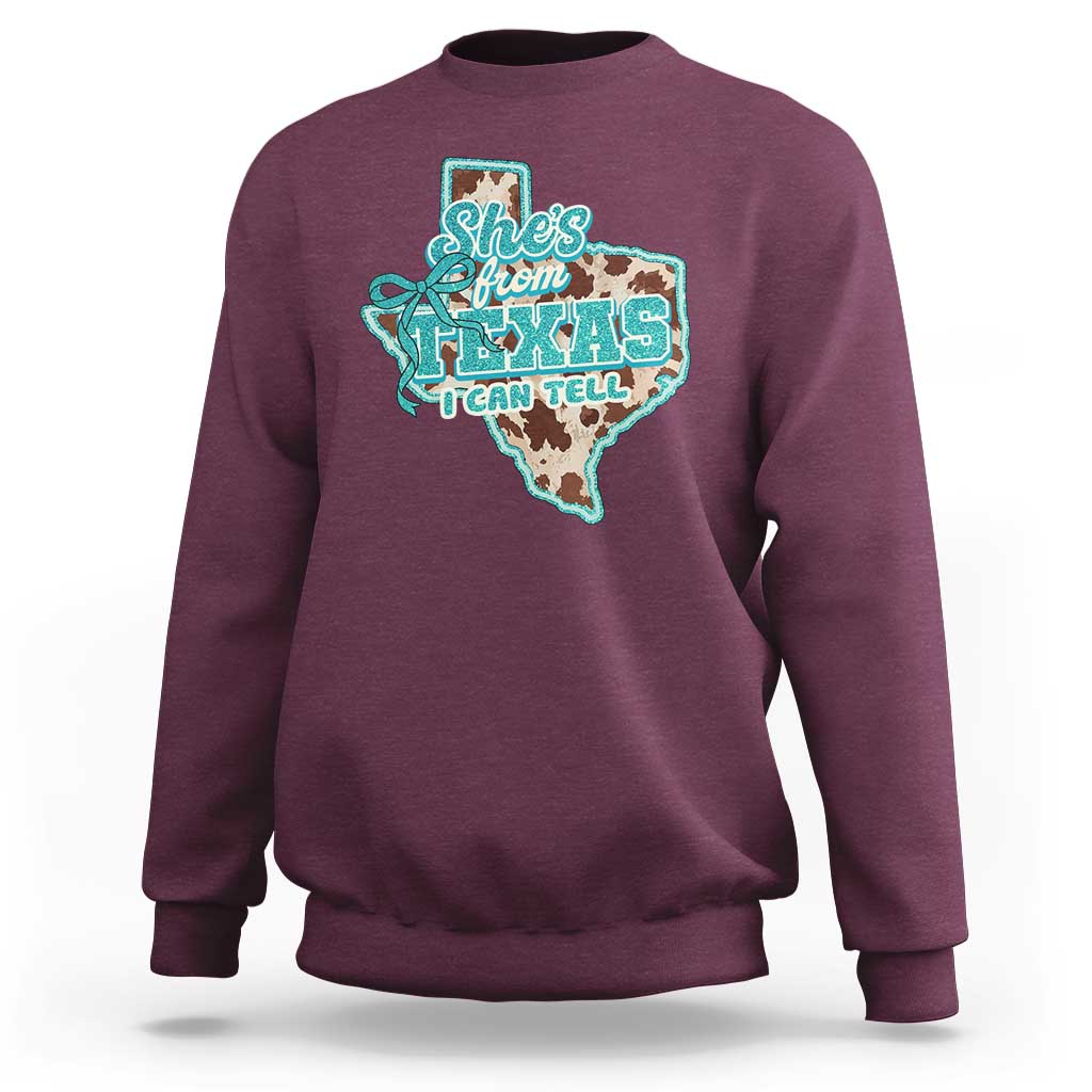 Retro Western She is From Texas I Can Tell Sweatshirt Trendy Turquoise Glitter Coquette and Cow Print Effect Graphic