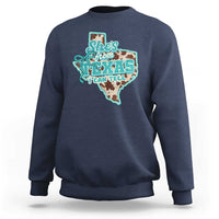 Retro Western She is From Texas I Can Tell Sweatshirt Trendy Turquoise Glitter Coquette and Cow Print Effect Graphic