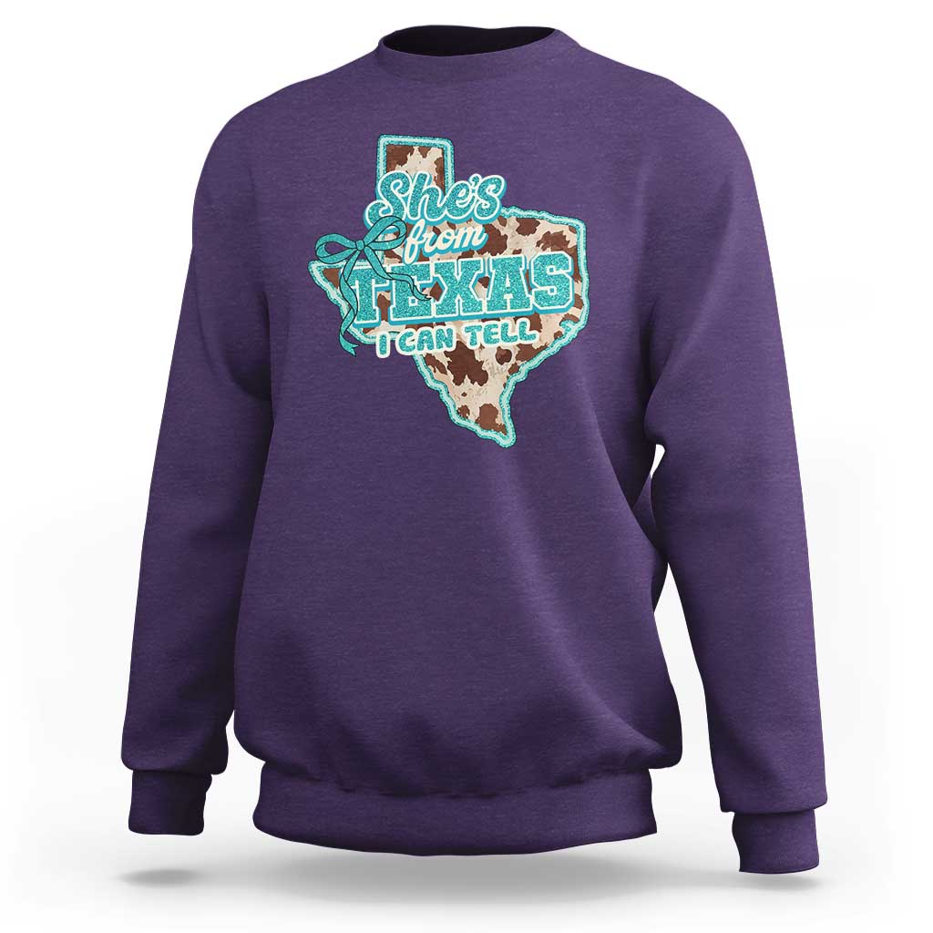 Retro Western She is From Texas I Can Tell Sweatshirt Trendy Turquoise Glitter Coquette and Cow Print Effect Graphic