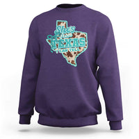 Retro Western She is From Texas I Can Tell Sweatshirt Trendy Turquoise Glitter Coquette and Cow Print Effect Graphic