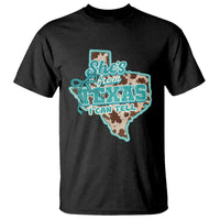 Retro Western She is From Texas I Can Tell T Shirt Trendy Turquoise Glitter Coquette and Cow Print Effect Graphic