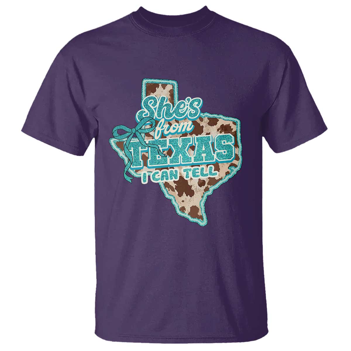 Retro Western She is From Texas I Can Tell T Shirt Trendy Turquoise Glitter Coquette and Cow Print Effect Graphic