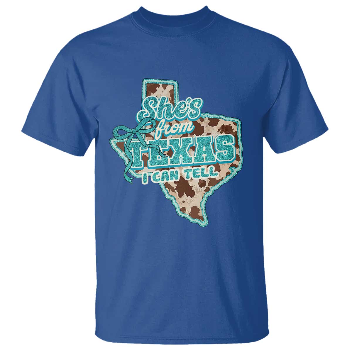 Retro Western She is From Texas I Can Tell T Shirt Trendy Turquoise Glitter Coquette and Cow Print Effect Graphic