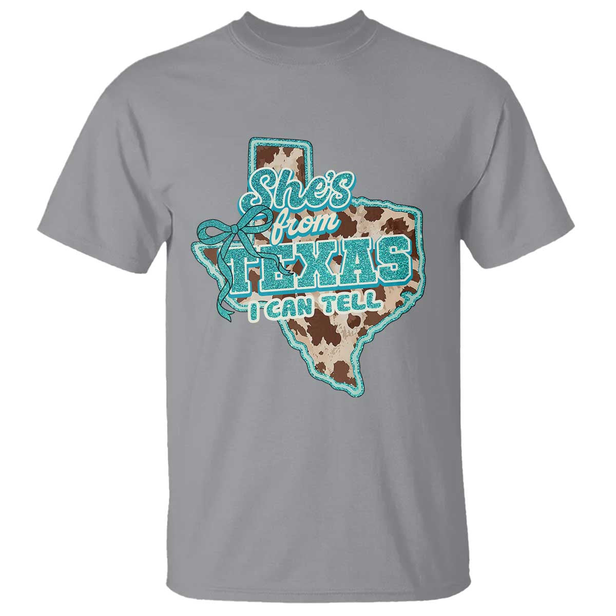 Retro Western She is From Texas I Can Tell T Shirt Trendy Turquoise Glitter Coquette and Cow Print Effect Graphic