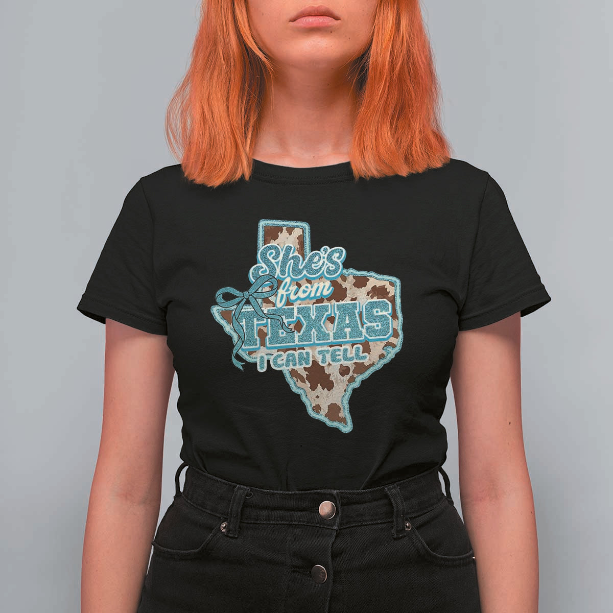 Retro Western She is From Texas I Can Tell T Shirt For Women Trendy Turquoise Glitter Coquette and Cow Print Effect Graphic