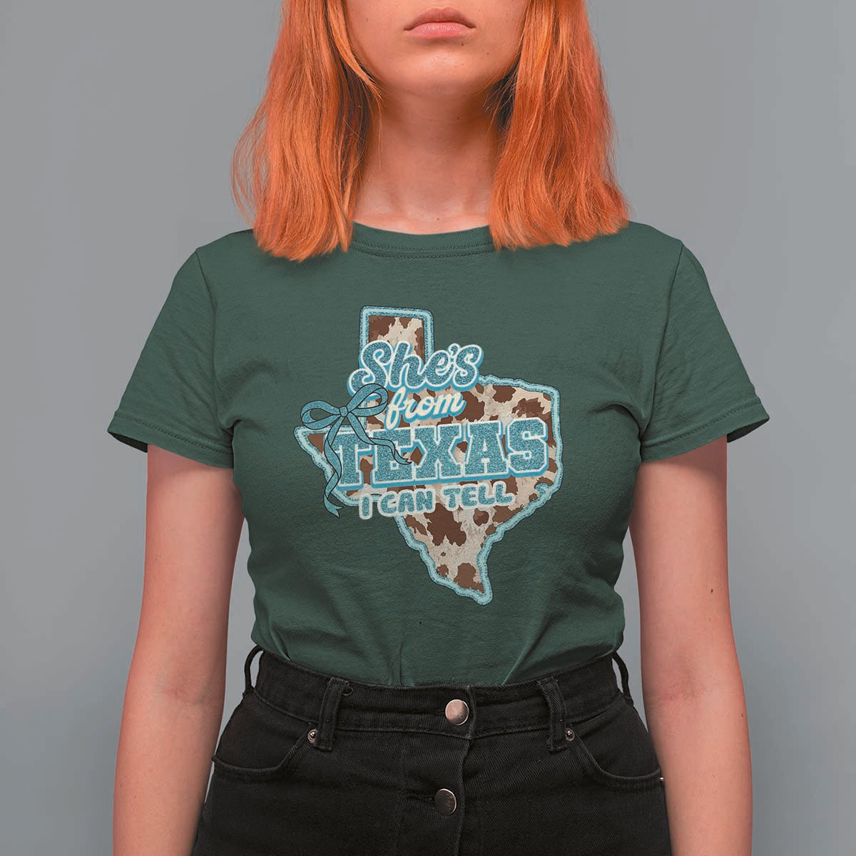 Retro Western She is From Texas I Can Tell T Shirt For Women Trendy Turquoise Glitter Coquette and Cow Print Effect Graphic