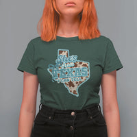 Retro Western She is From Texas I Can Tell T Shirt For Women Trendy Turquoise Glitter Coquette and Cow Print Effect Graphic
