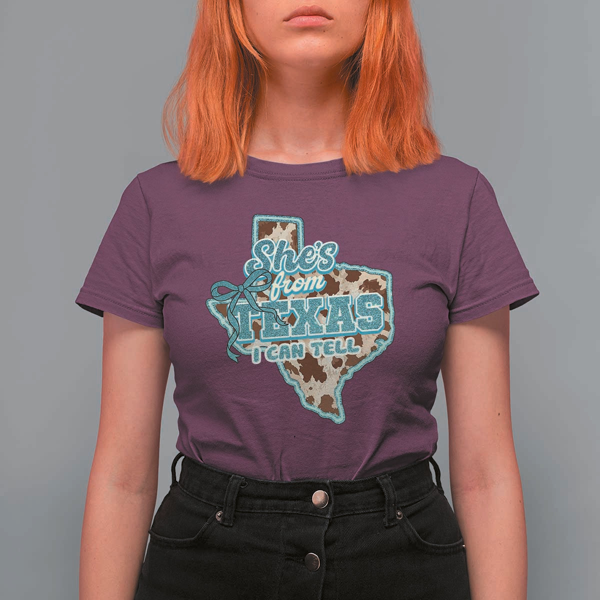 Retro Western She is From Texas I Can Tell T Shirt For Women Trendy Turquoise Glitter Coquette and Cow Print Effect Graphic