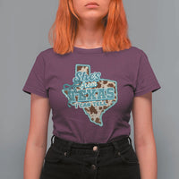 Retro Western She is From Texas I Can Tell T Shirt For Women Trendy Turquoise Glitter Coquette and Cow Print Effect Graphic