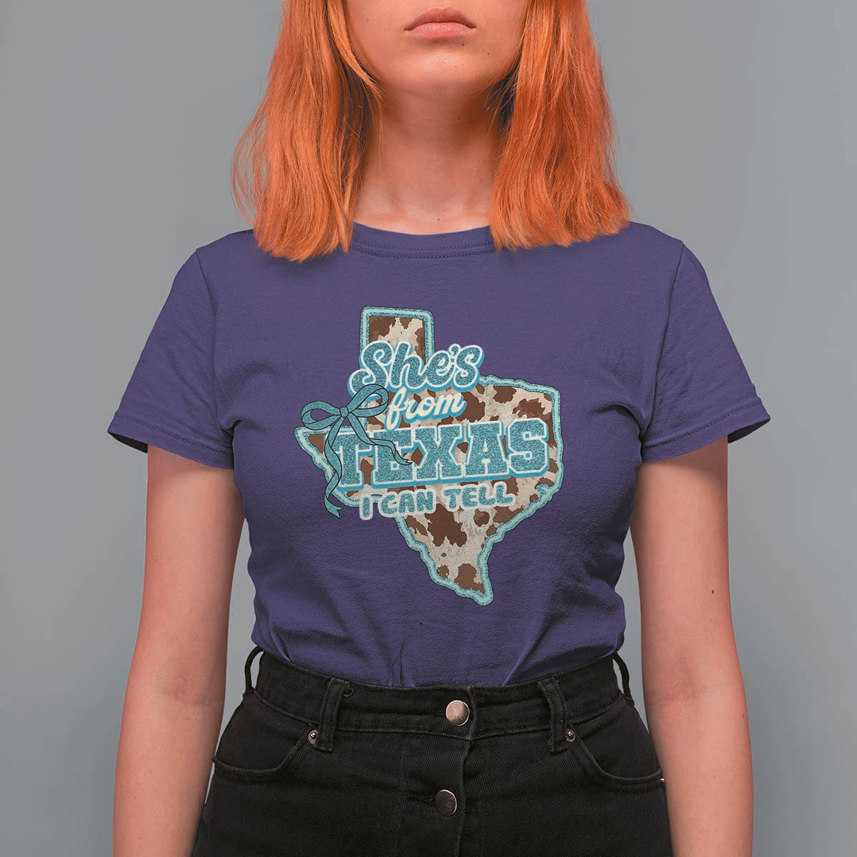 Retro Western She is From Texas I Can Tell T Shirt For Women Trendy Turquoise Glitter Coquette and Cow Print Effect Graphic