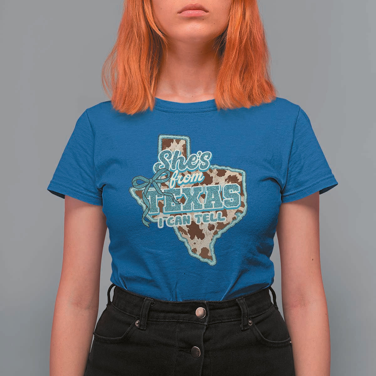 Retro Western She is From Texas I Can Tell T Shirt For Women Trendy Turquoise Glitter Coquette and Cow Print Effect Graphic