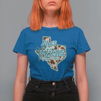 Retro Western She is From Texas I Can Tell T Shirt For Women Trendy Turquoise Glitter Coquette and Cow Print Effect Graphic