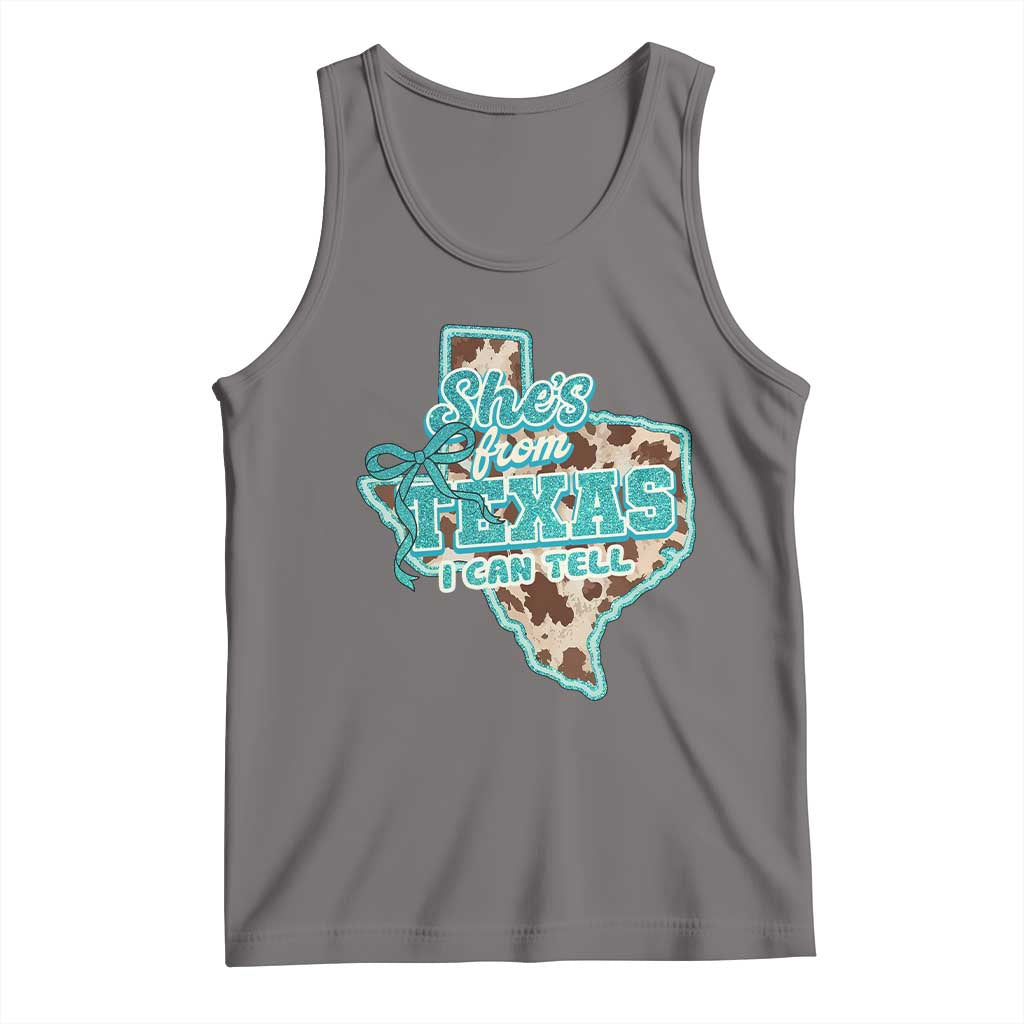 Retro Western She is From Texas I Can Tell Tank Top Trendy Turquoise Glitter Coquette and Cow Print Effect Graphic