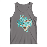 Retro Western She is From Texas I Can Tell Tank Top Trendy Turquoise Glitter Coquette and Cow Print Effect Graphic