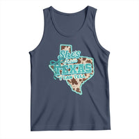 Retro Western She is From Texas I Can Tell Tank Top Trendy Turquoise Glitter Coquette and Cow Print Effect Graphic