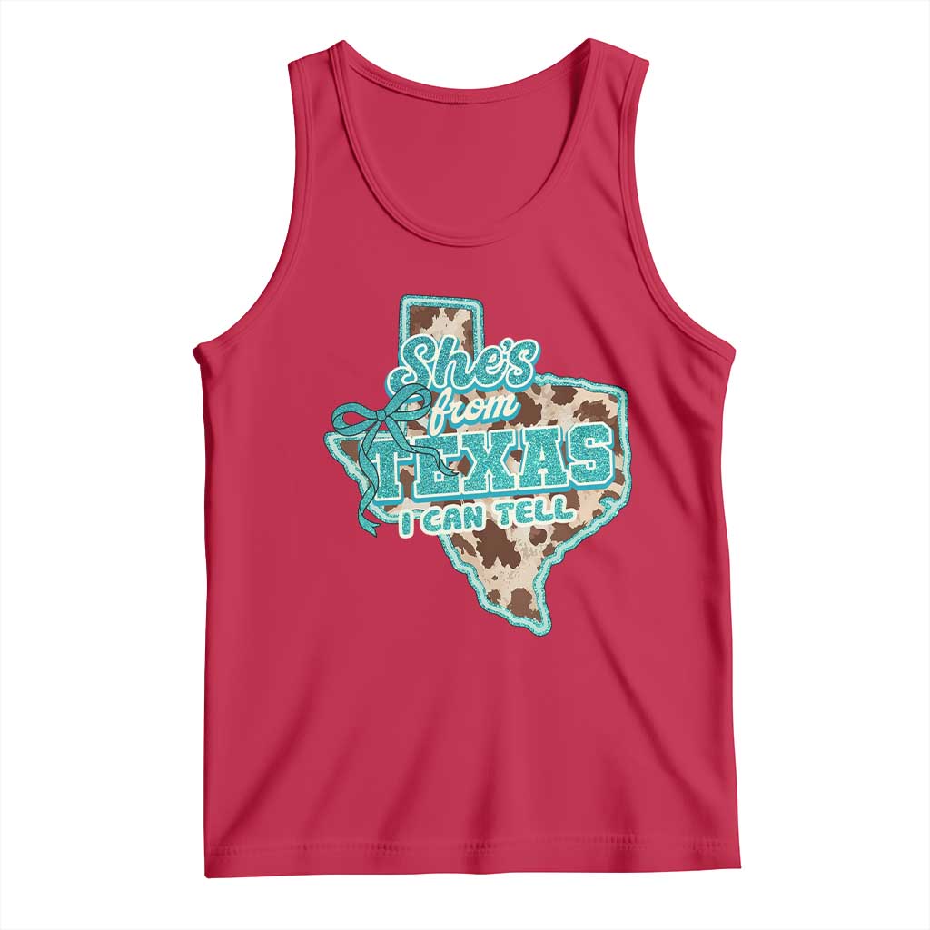 Retro Western She is From Texas I Can Tell Tank Top Trendy Turquoise Glitter Coquette and Cow Print Effect Graphic
