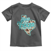 Retro Western She is From Texas I Can Tell Toddler T Shirt Trendy Turquoise Glitter Coquette and Cow Print Effect Graphic