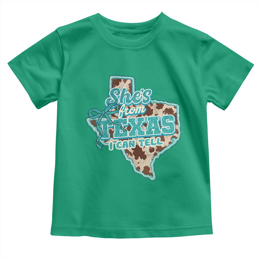 Retro Western She is From Texas I Can Tell Toddler T Shirt Trendy Turquoise Glitter Coquette and Cow Print Effect Graphic