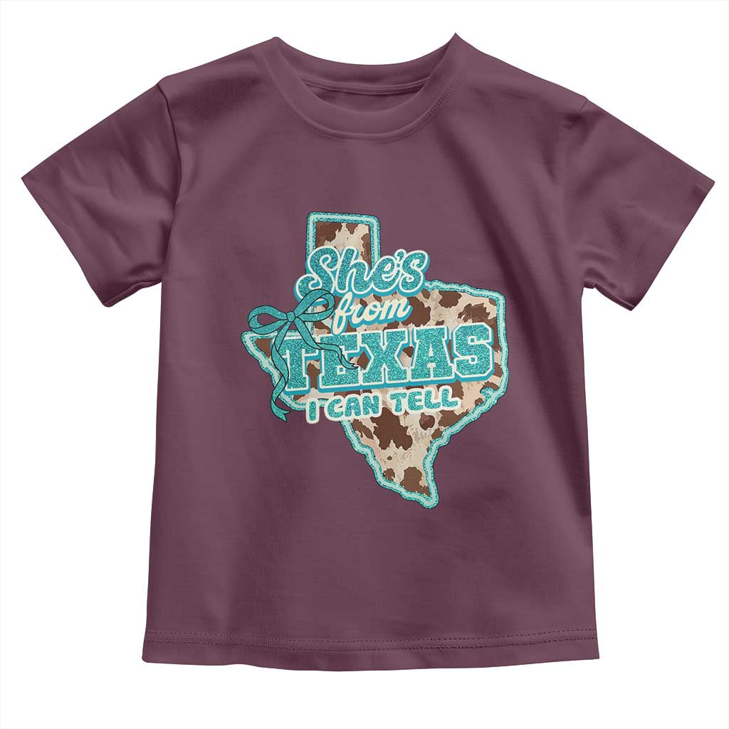 Retro Western She is From Texas I Can Tell Toddler T Shirt Trendy Turquoise Glitter Coquette and Cow Print Effect Graphic