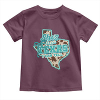 Retro Western She is From Texas I Can Tell Toddler T Shirt Trendy Turquoise Glitter Coquette and Cow Print Effect Graphic